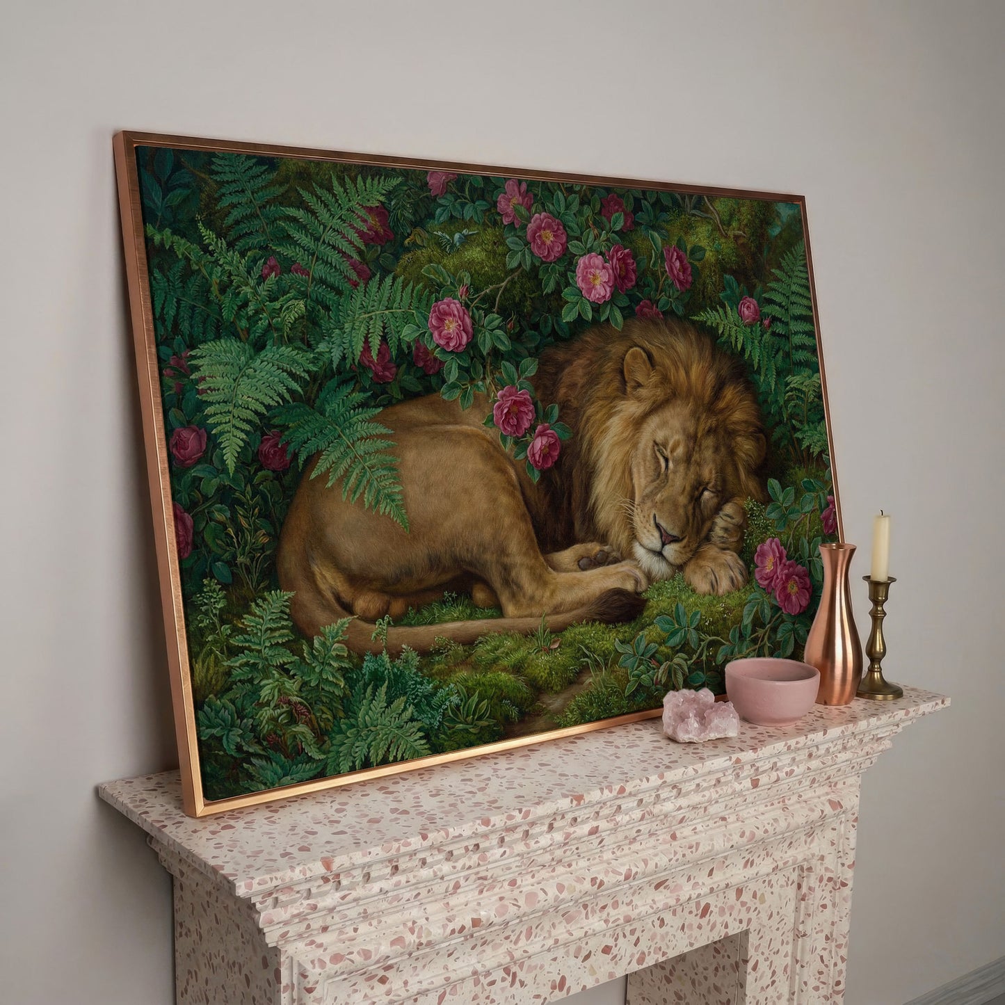 Sleeping Lion in Pink Roses and Foliage. Canvas Wall Art in rose gold floating frame