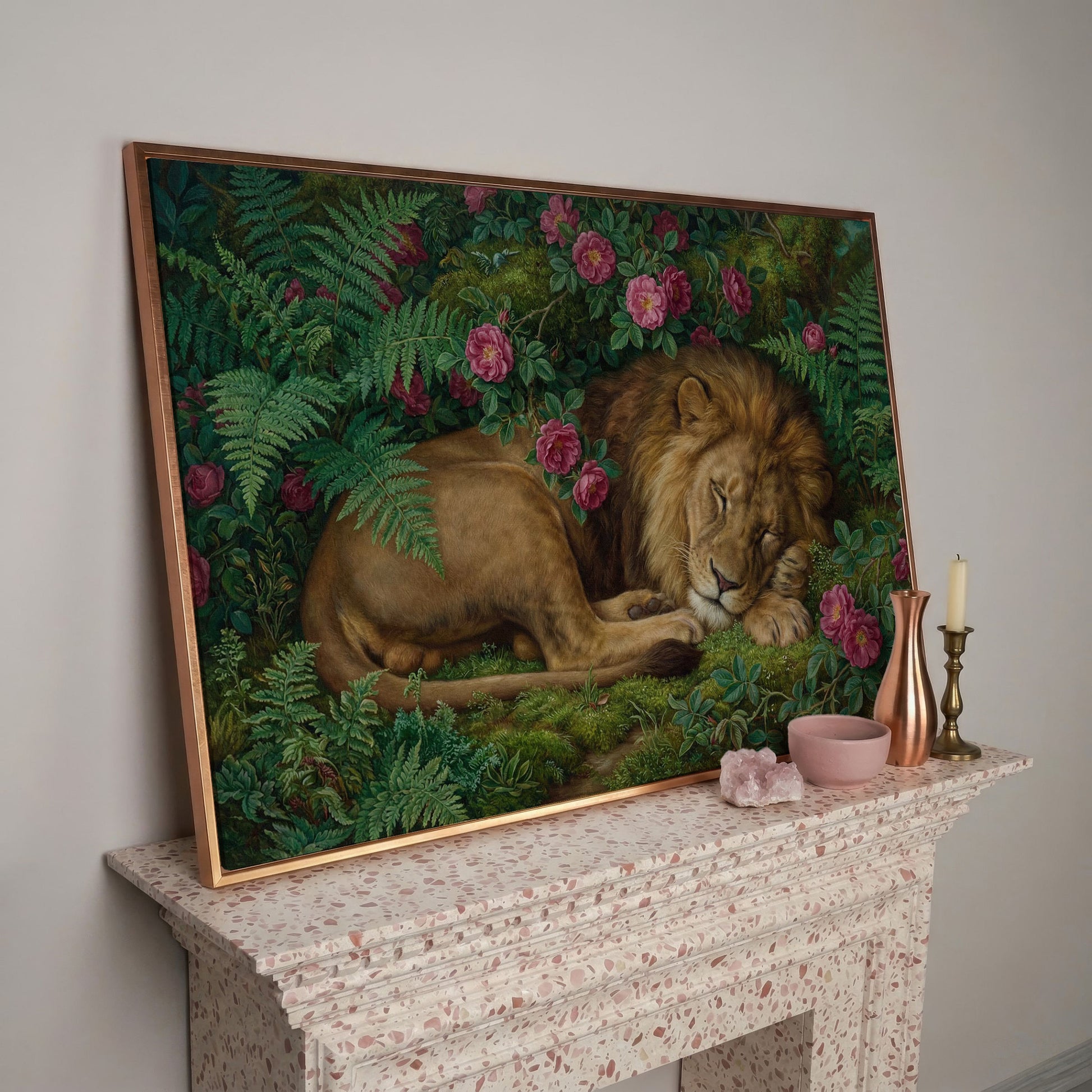 Sleeping Lion in Pink Roses and Foliage. Canvas Wall Art in rose gold floating frame