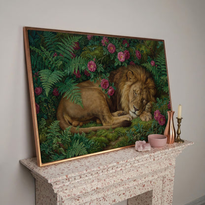 Sleeping Lion in Pink Roses and Foliage. Canvas Wall Art in rose gold floating frame