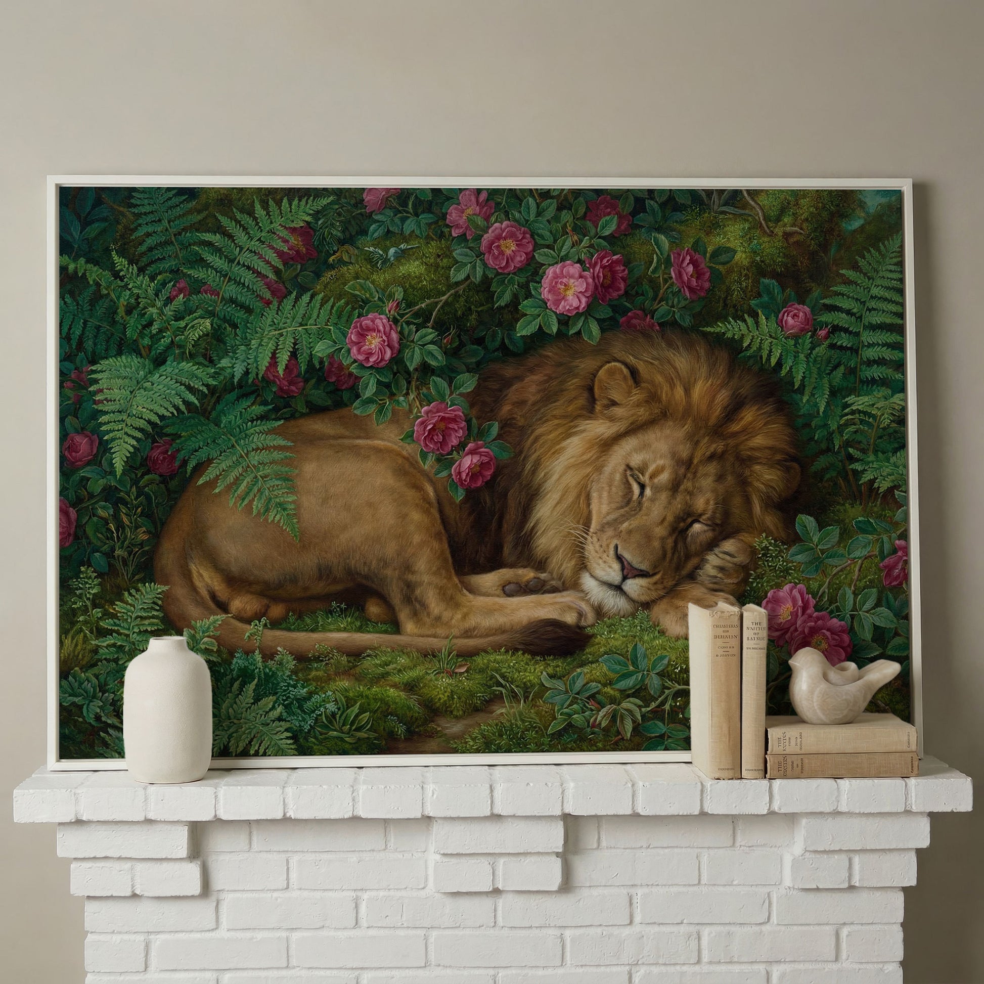 Sleeping Lion in Pink Roses and Foliage. Canvas Wall Art in white floating frame