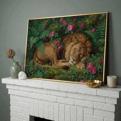 Sleeping Lion in Pink Roses and Foliage. Canvas Wall Art in yellow gold floating frame