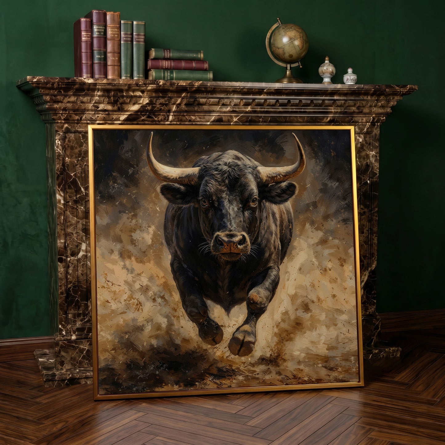 Charging Bull Canvas Art, Low-Angle View, Square Format in antique gold floating frame