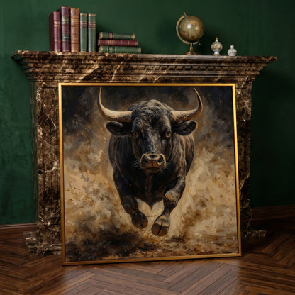 Charging Bull Canvas Art, Low-Angle View, Square Format in antique gold floating frame