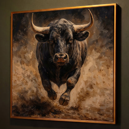 Charging Bull Canvas Art, Low-Angle View, Square Format shown in antique gold floating frame