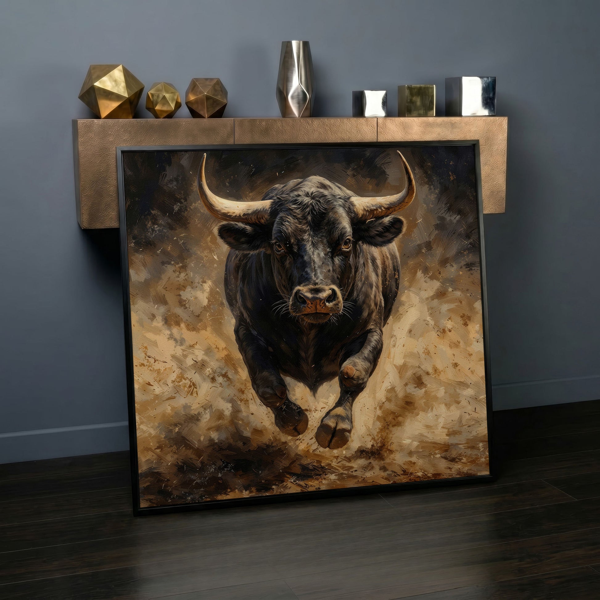 Charging Bull Canvas Art, Low-Angle View, Square Format in black floating frame