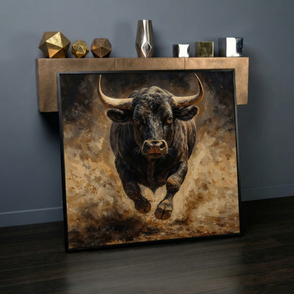Charging Bull Canvas Art, Low-Angle View, Square Format in black floating frame