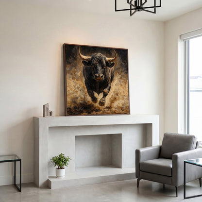Charging Bull Canvas Art, Low-Angle View, Square Format in dark walnut floating frame