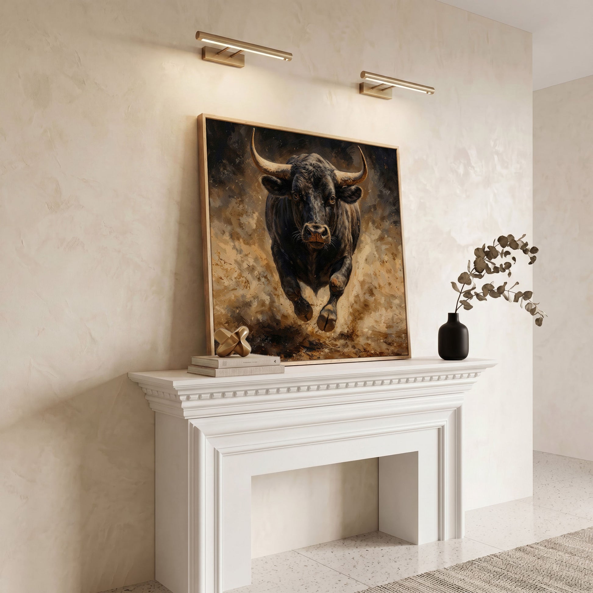 Charging Bull Canvas Art, Low-Angle View, Square Format in white oak floating frame