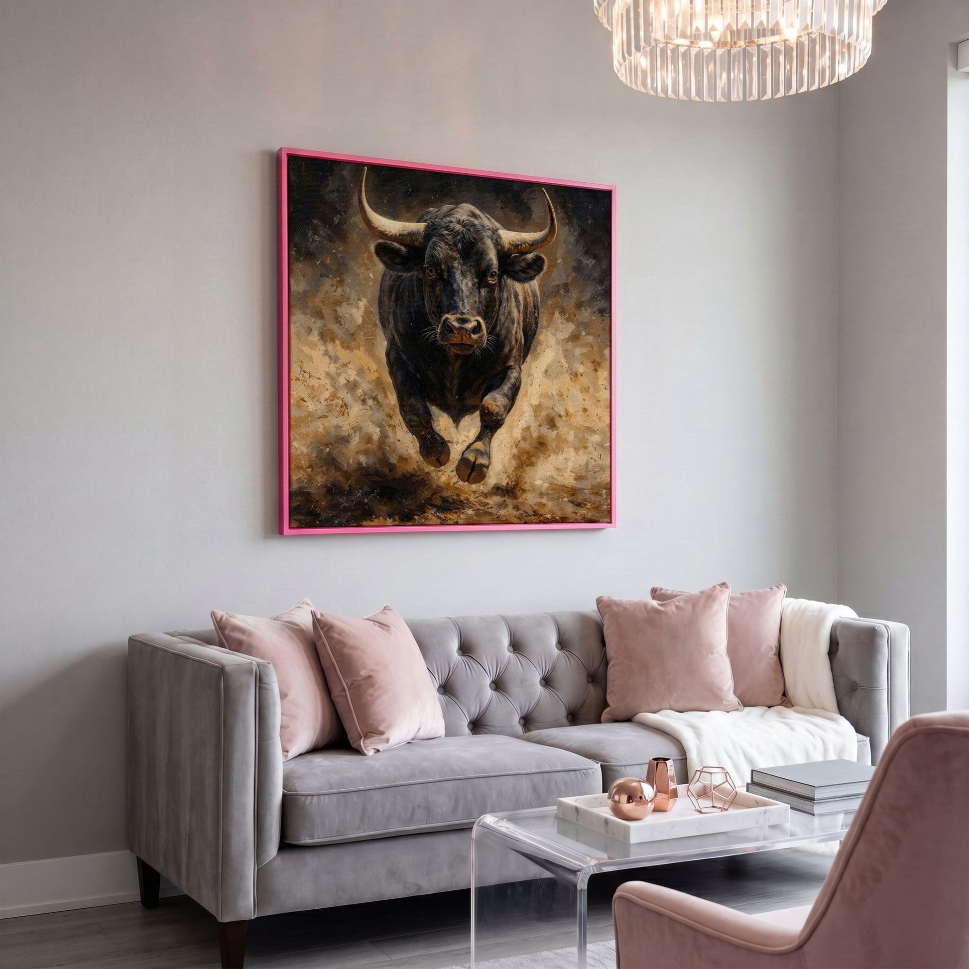 Charging Bull Canvas Art, Low-Angle View, Square Format in pink floating frame