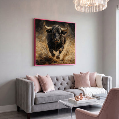 Charging Bull Canvas Art, Low-Angle View, Square Format in pink floating frame