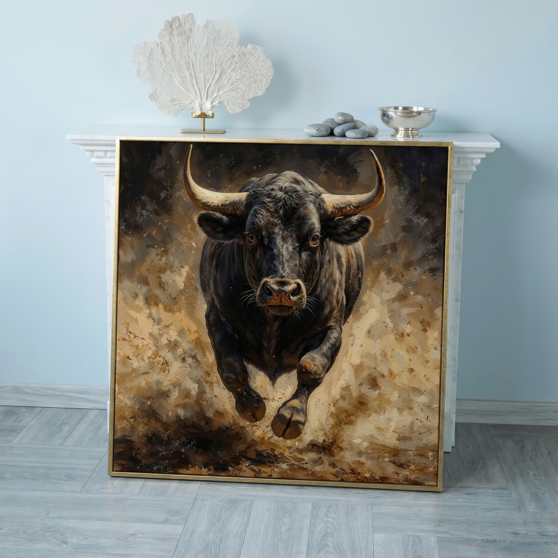 Charging Bull Canvas Art, Low-Angle View, Square Format in rose gold floating frame