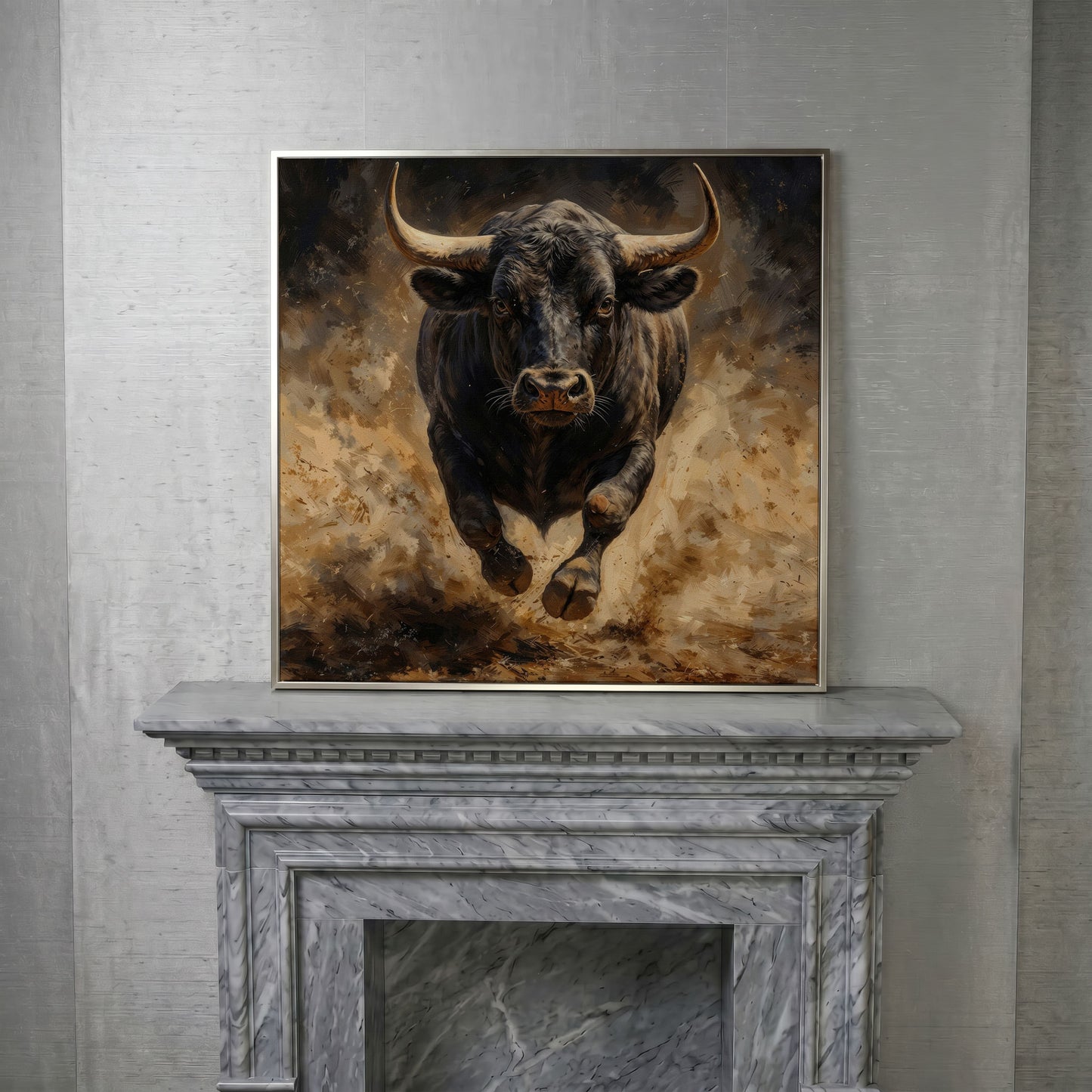 Charging Bull Canvas Art, Low-Angle View, Square Format in silver floating frame