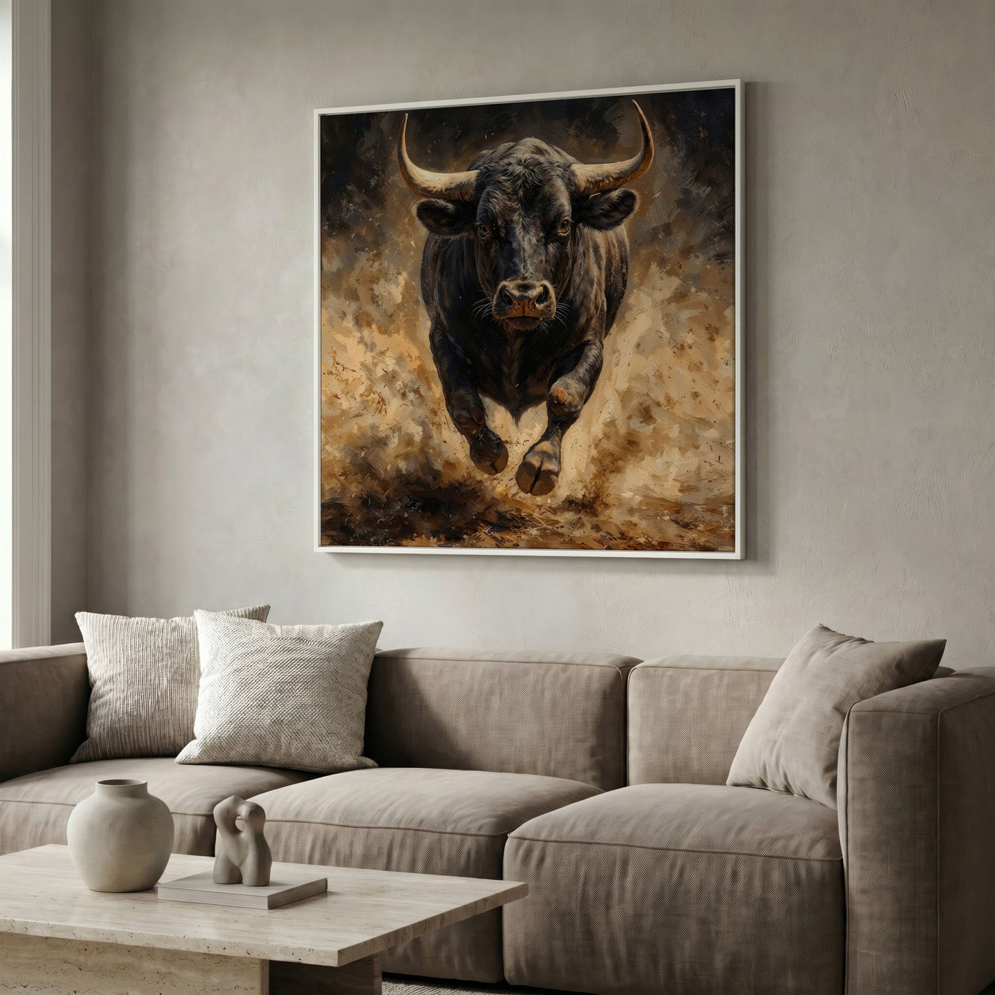 Charging Bull Canvas Art, Low-Angle View, Square Format in white floating frame