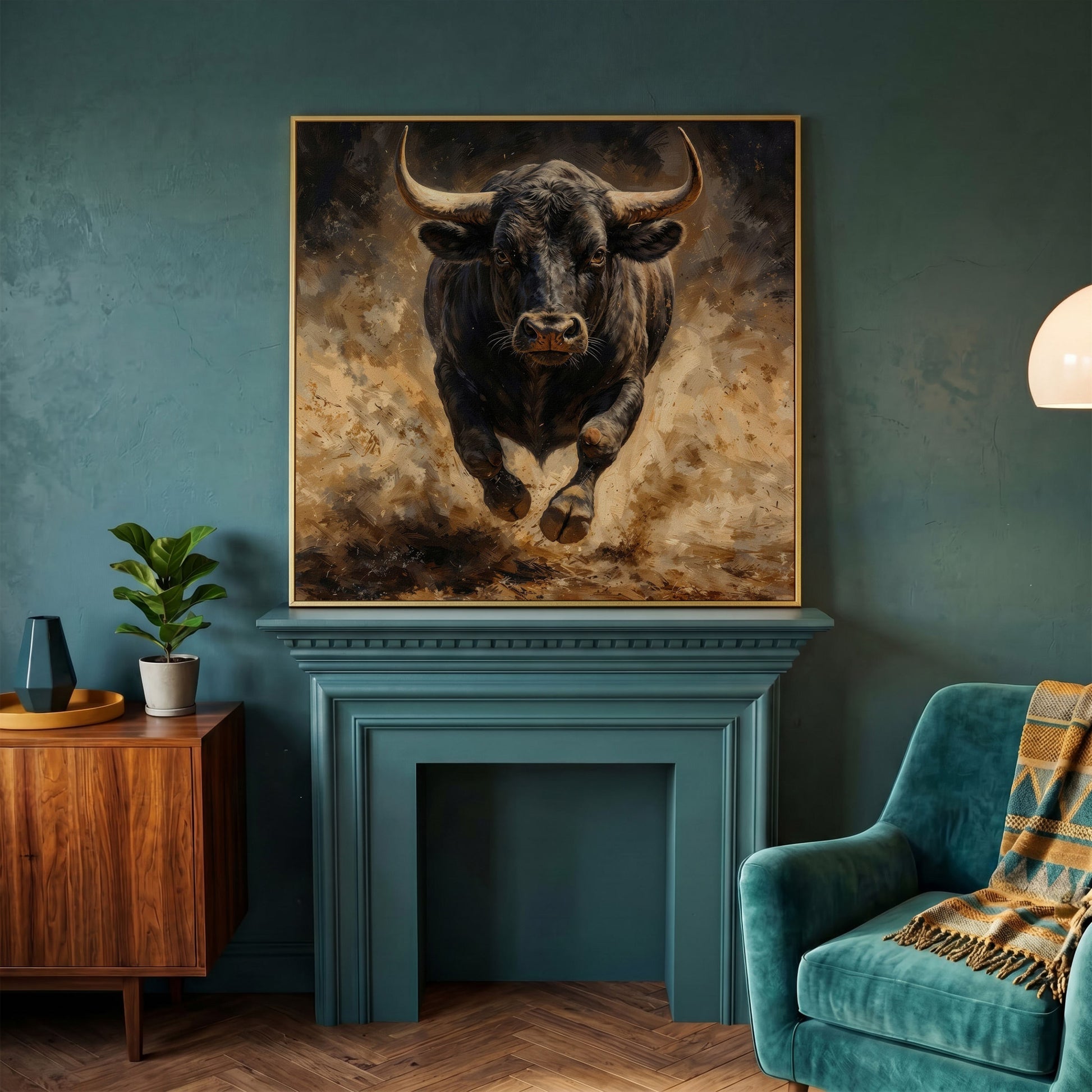 Charging Bull Canvas Art, Low-Angle View, Square Format in yellow gold floating frame