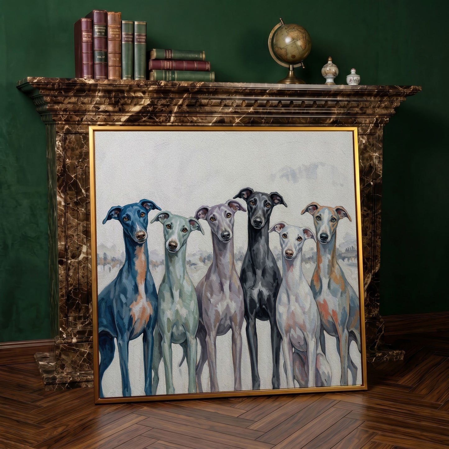 Six Greyhounds in Winter Canvas Wall Art in antique gold floating frame