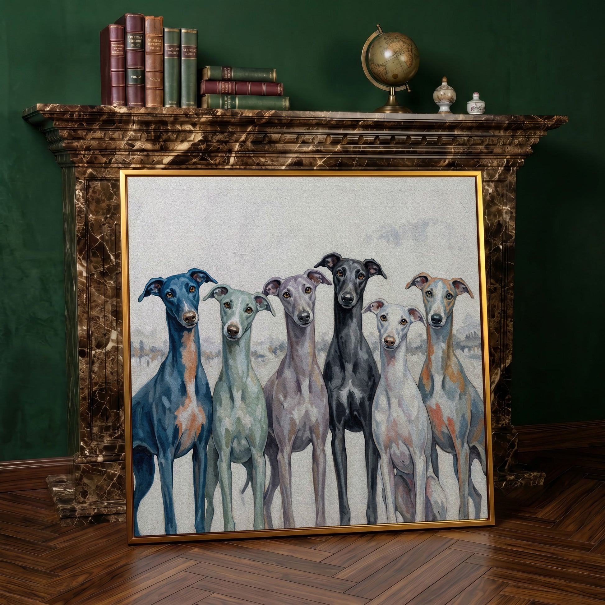 Six Greyhounds in Winter Canvas Wall Art in antique gold floating frame