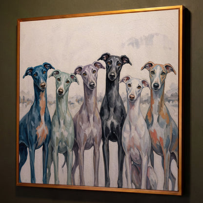 Six Greyhounds in Winter Canvas Wall Art shown in antique gold floating frame