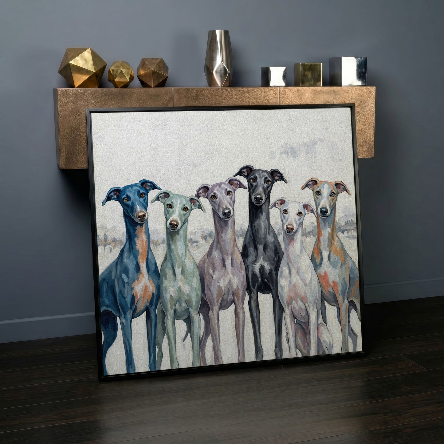 Six Greyhounds in Winter Canvas Wall Art in black floating frame