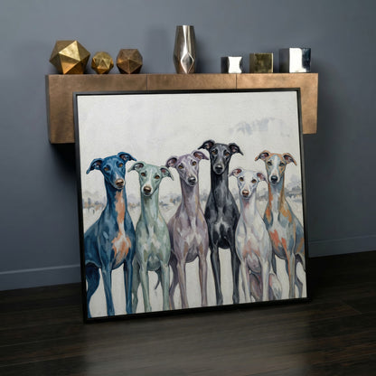 Six Greyhounds in Winter Canvas Wall Art in black floating frame