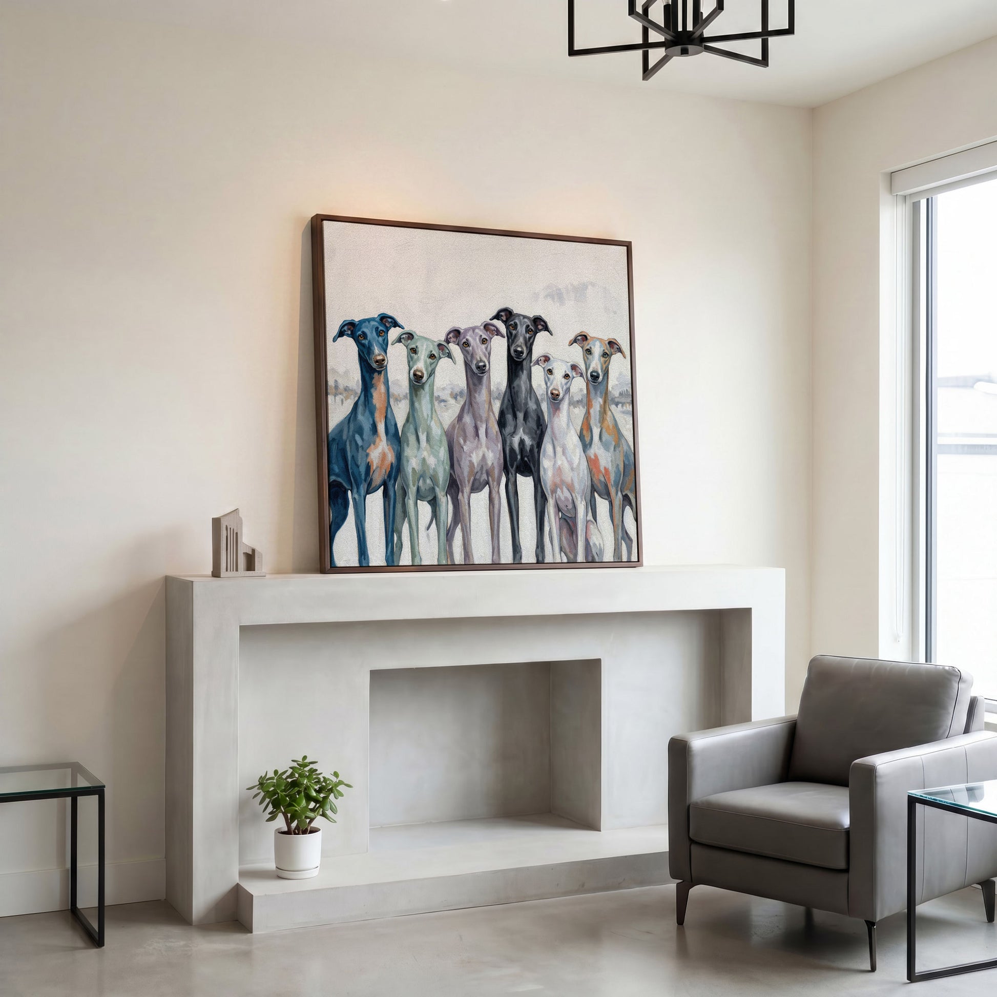 Six Greyhounds in Winter Canvas Wall Art in dark walnut floating frame