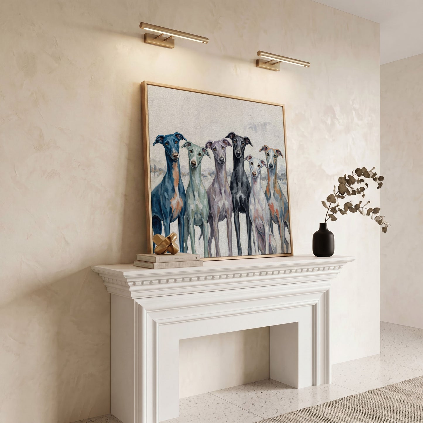 Six Greyhounds in Winter Canvas Wall Art in white oak floating frame