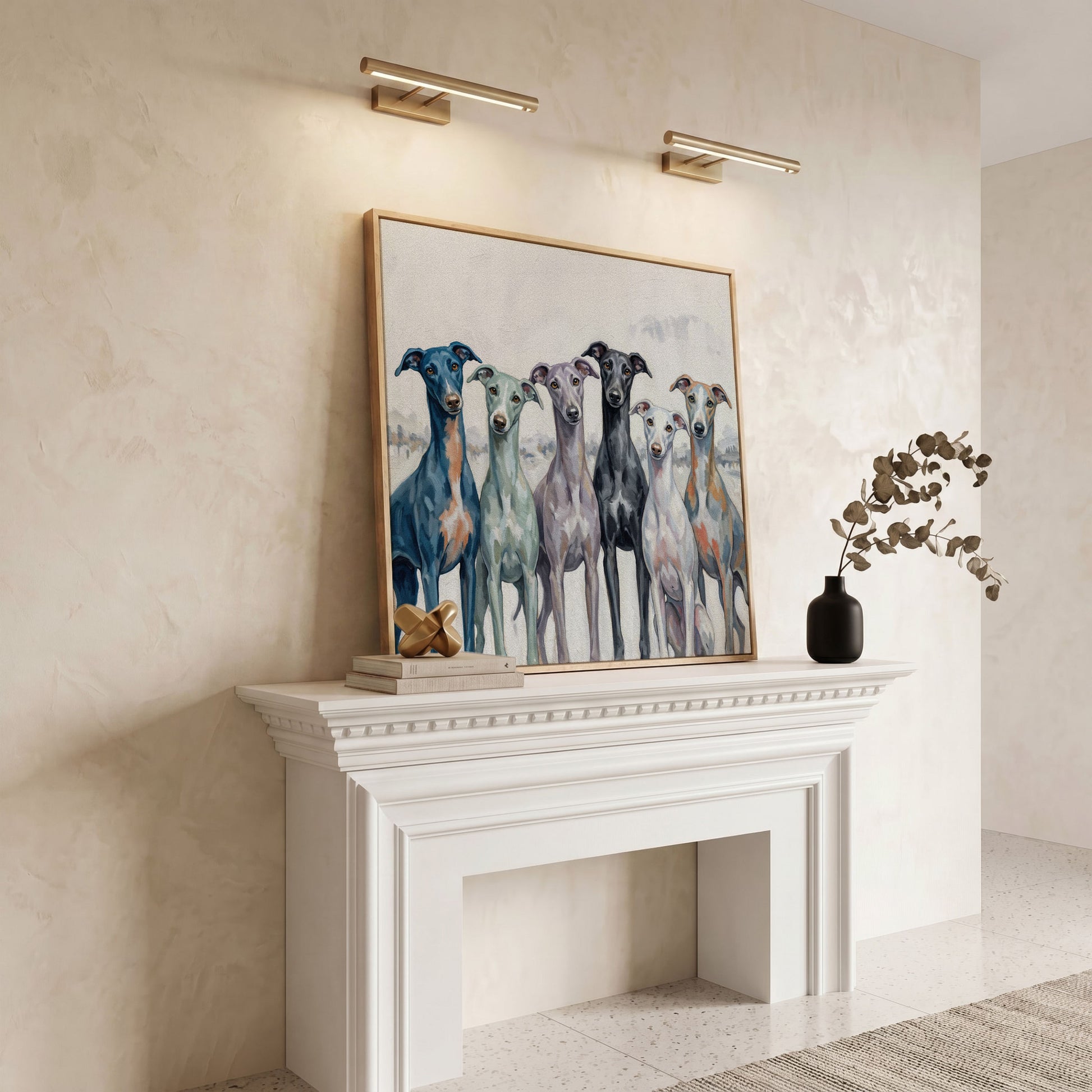 Six Greyhounds in Winter Canvas Wall Art in white oak floating frame