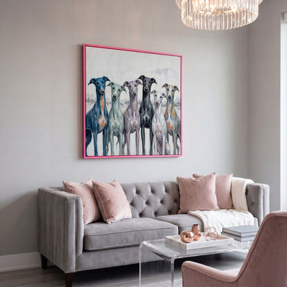 Six Greyhounds in Winter Canvas Wall Art in pink floating frame