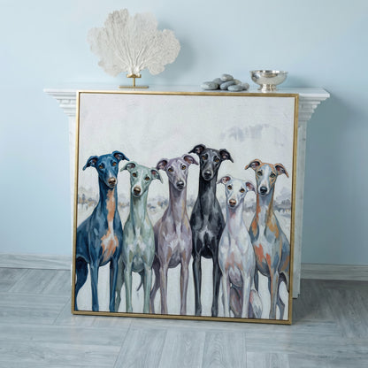 Six Greyhounds in Winter Canvas Wall Art in rose gold floating frame