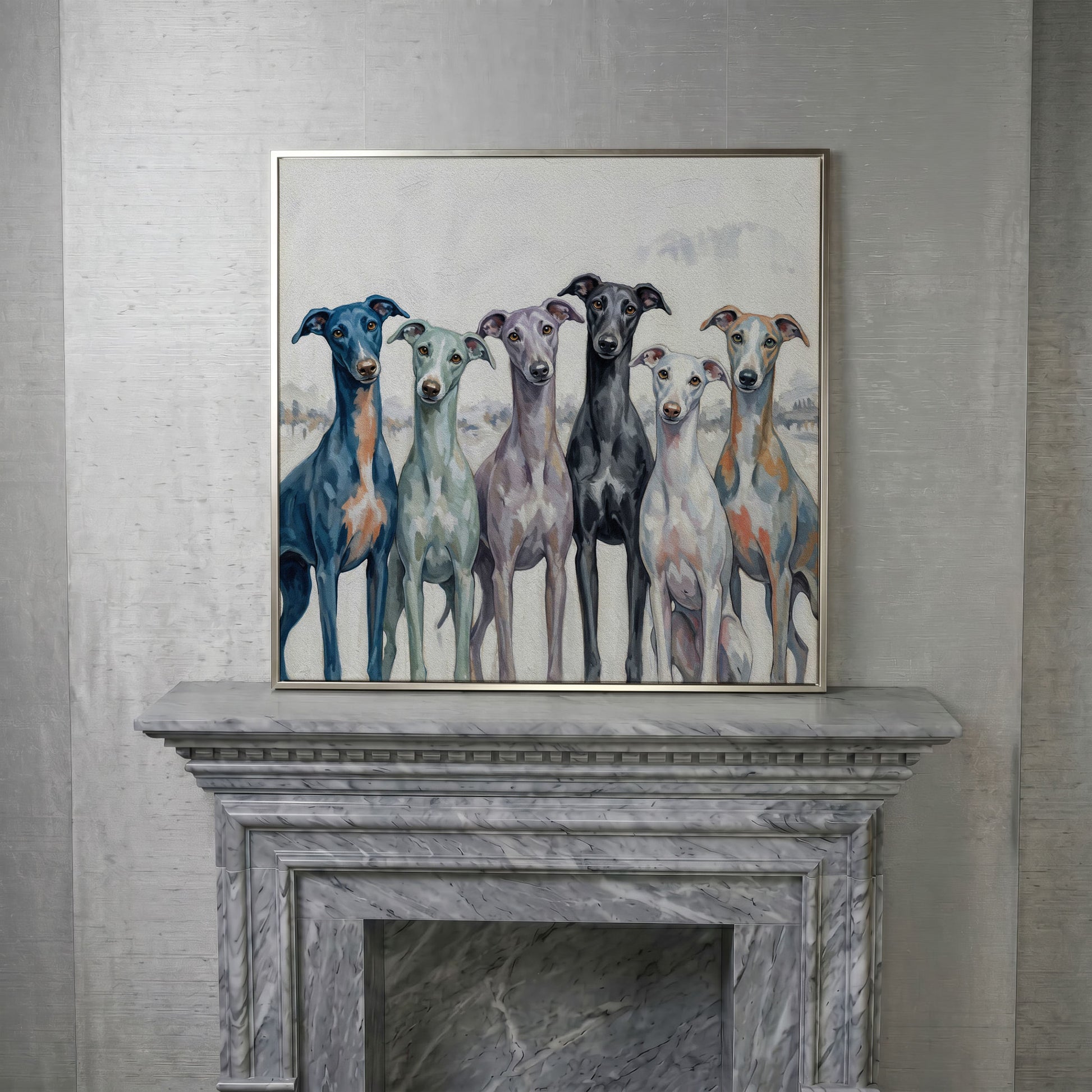 Six Greyhounds in Winter Canvas Wall Art in silver floating frame