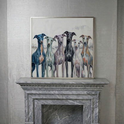 Six Greyhounds in Winter Canvas Wall Art in silver floating frame