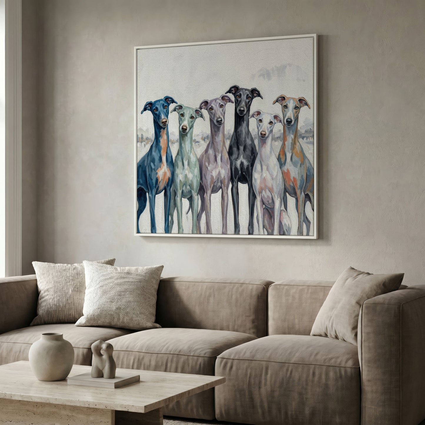 Six Greyhounds in Winter Canvas Wall Art in white floating frame
