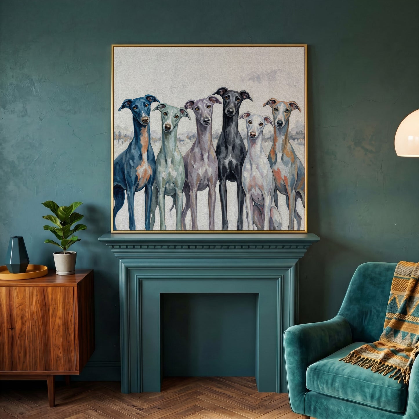 Six Greyhounds in Winter Canvas Wall Art in yellow gold floating frame