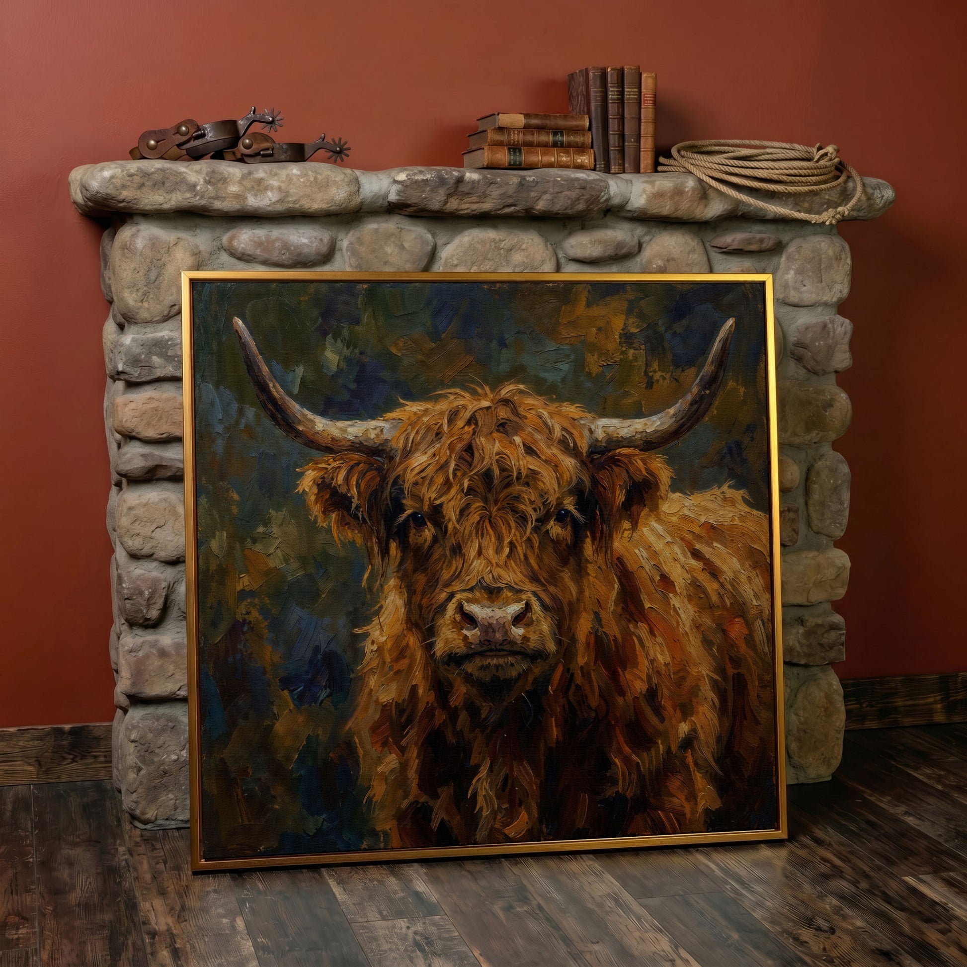 Highland Cow Square Canvas Wall Art, 16" to 55" in antique gold floating frame