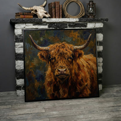 Highland Cow Square Canvas Wall Art, 16" to 55" in black floating frame
