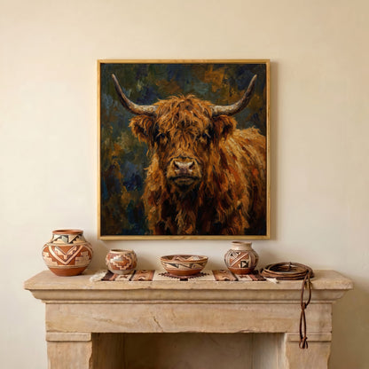 Highland Cow Square Canvas Wall Art, 16" to 55" in white oak floating frame