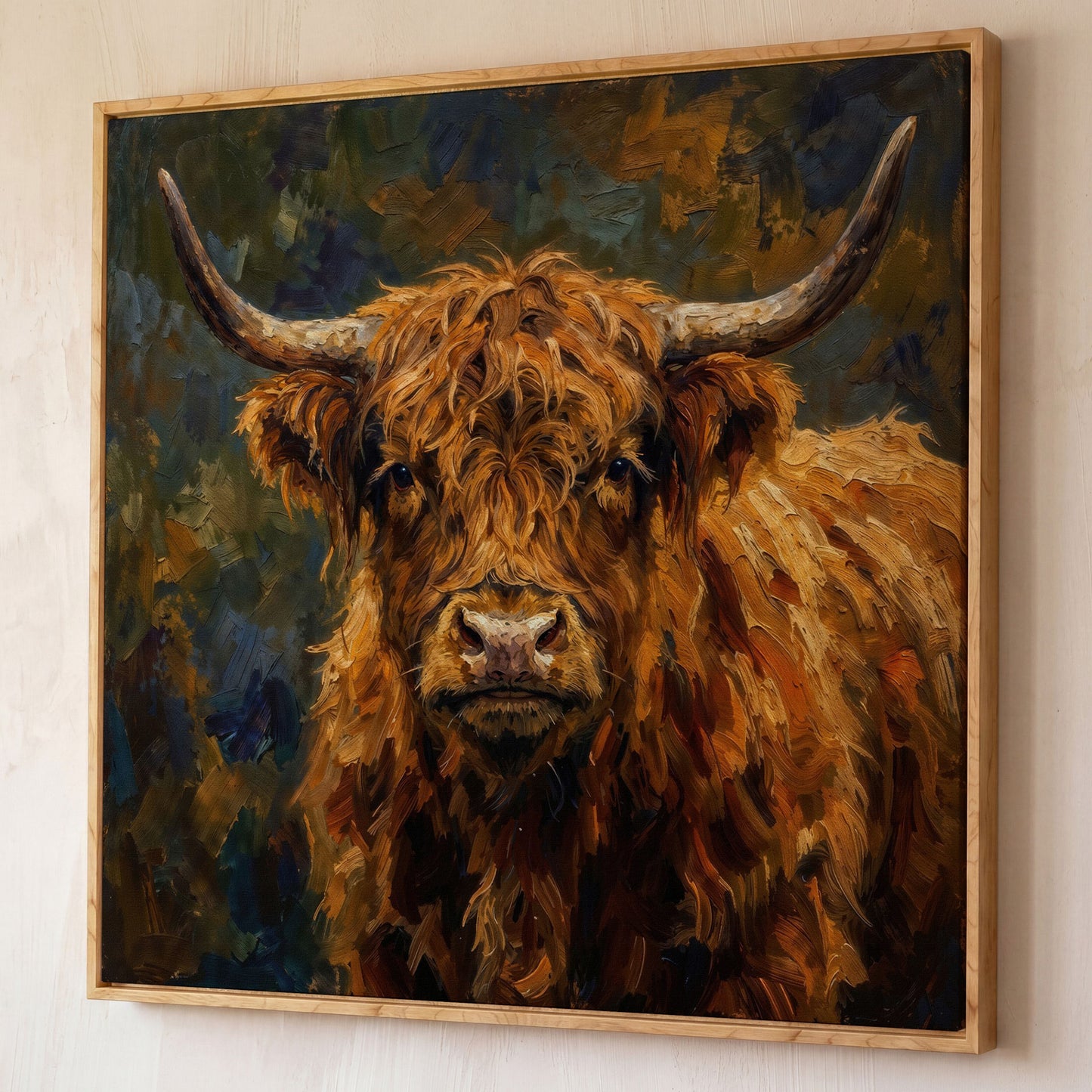 Highland Cow Square Canvas Wall Art, 16" to 55" shown in white oak floating frame