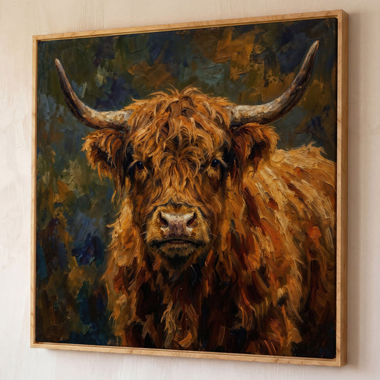 Highland Cow Square Canvas Wall Art, 16" to 55" shown in white oak floating frame