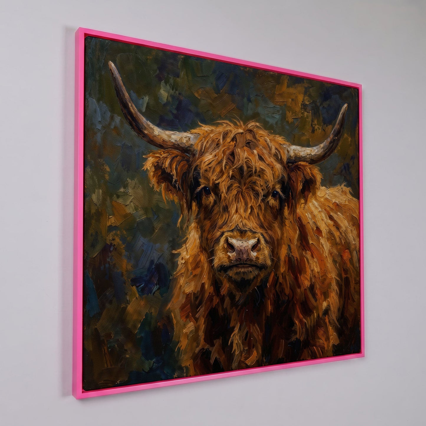 Highland Cow Square Canvas Wall Art, 16" to 55" in pink floating frame