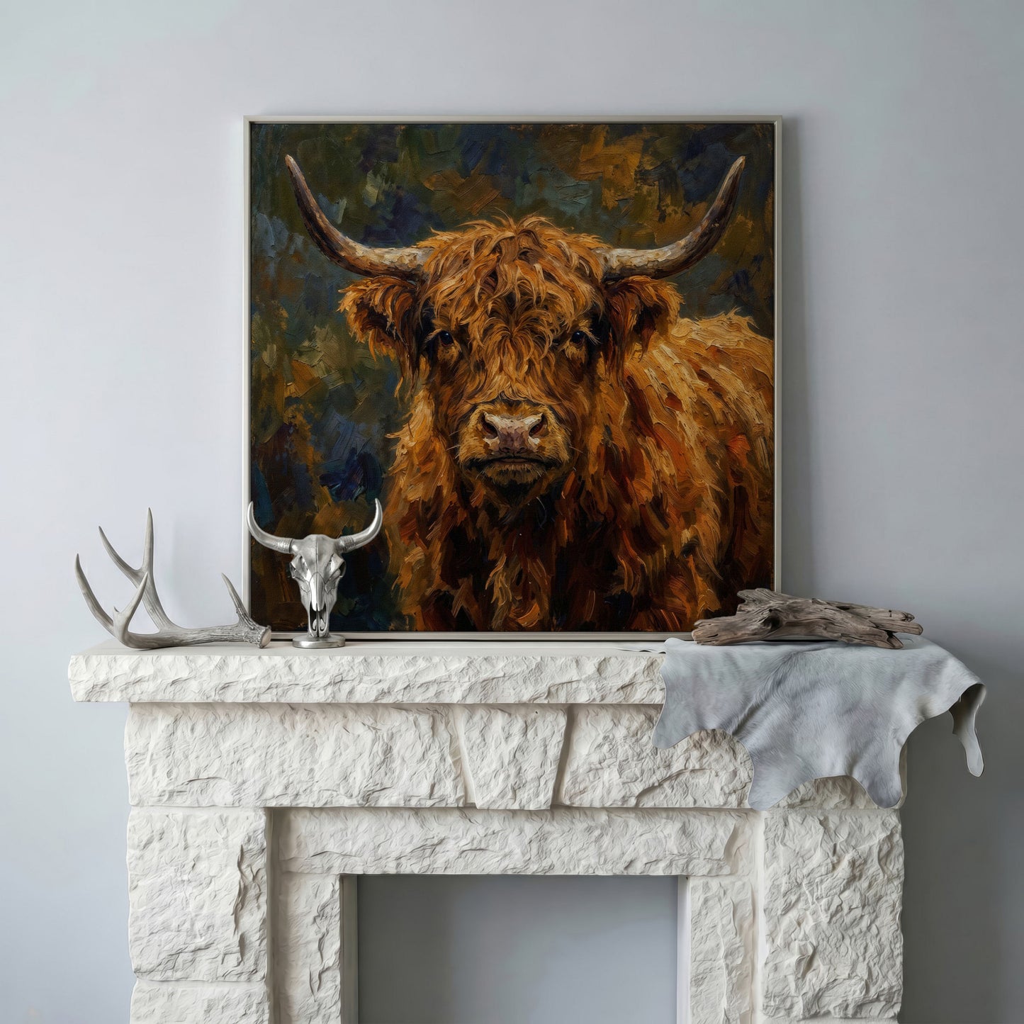 Highland Cow Square Canvas Wall Art, 16" to 55" in silver floating frame