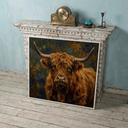 Highland Cow Square Canvas Wall Art, 16" to 55" in white floating frame