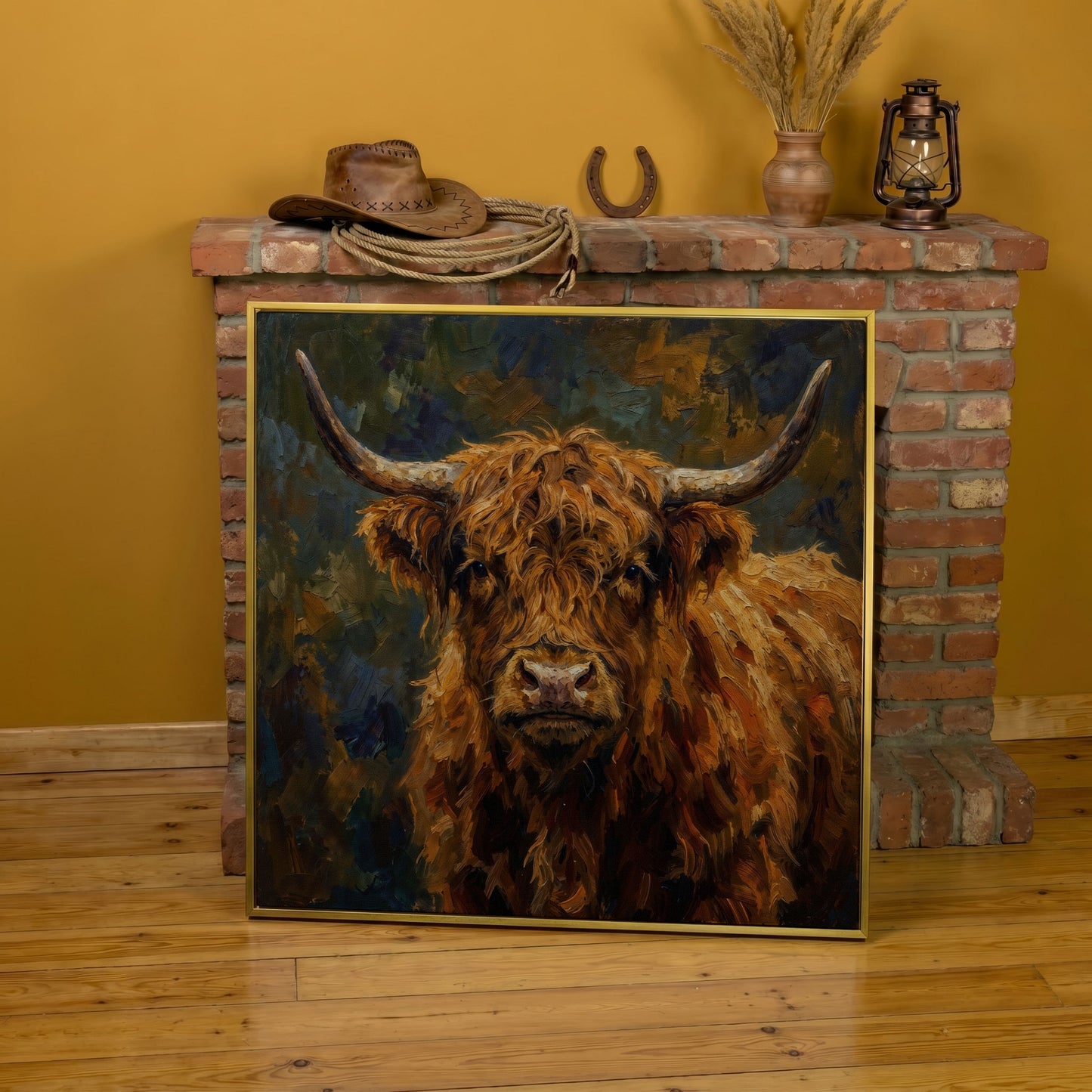 Highland Cow Square Canvas Wall Art, 16" to 55" in yellow gold floating frame