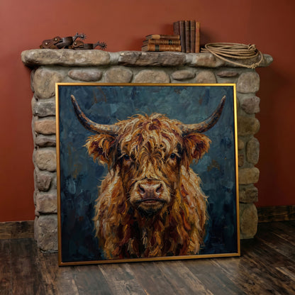 Highland Cow Portrait Canvas Art, Close-Up Face and Horns in antique gold floating frame