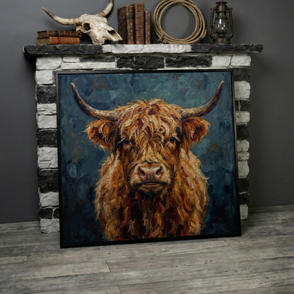 Highland Cow Portrait Canvas Art, Close-Up Face and Horns in black floating frame