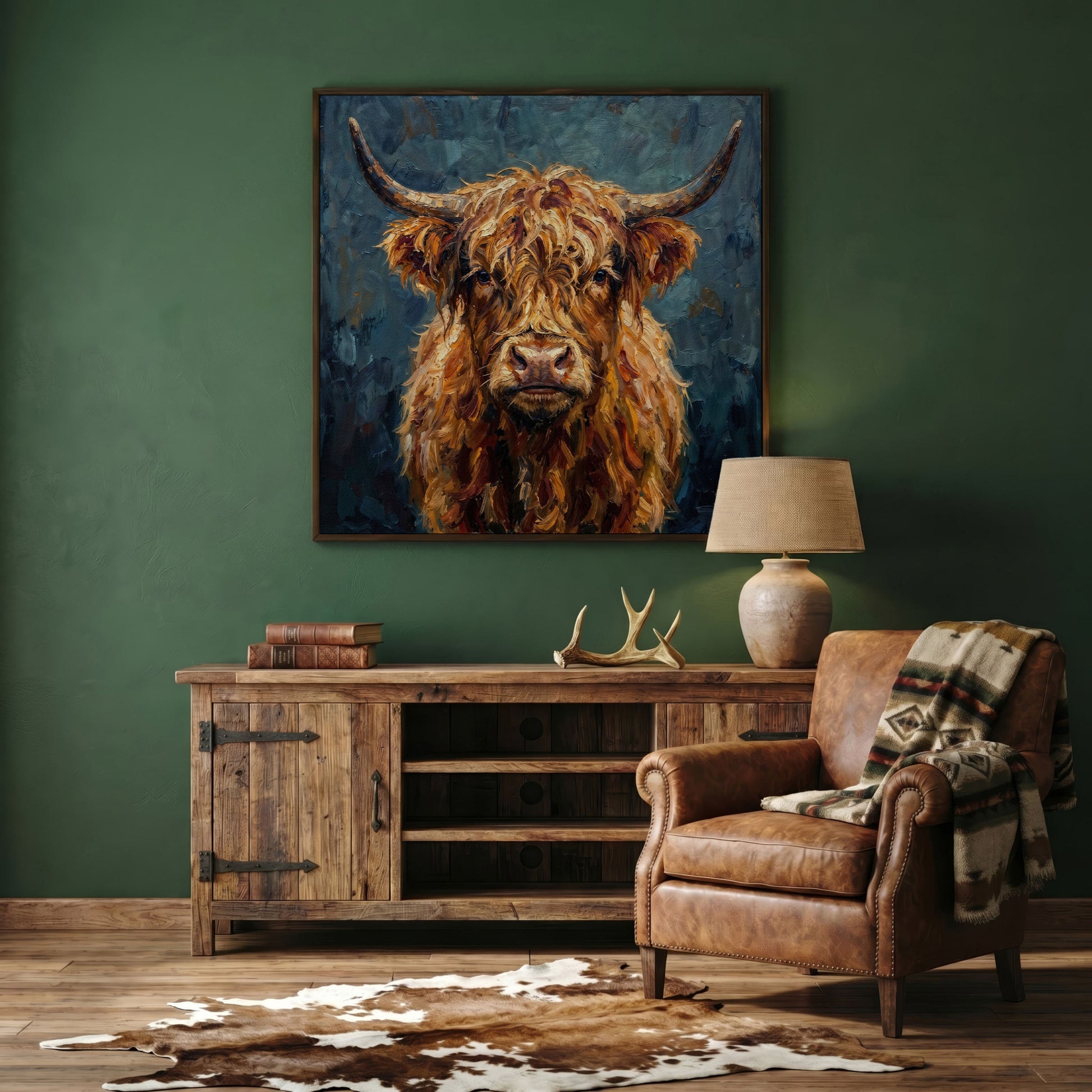 Highland Cow Portrait Canvas Art, Close-Up Face and Horns in dark walnut floating frame