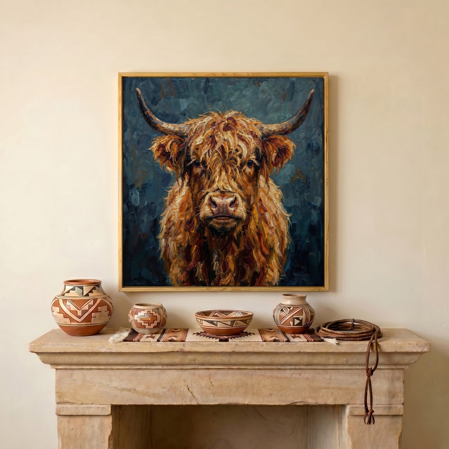 Highland Cow Portrait Canvas Art, Close-Up Face and Horns in white oak floating frame