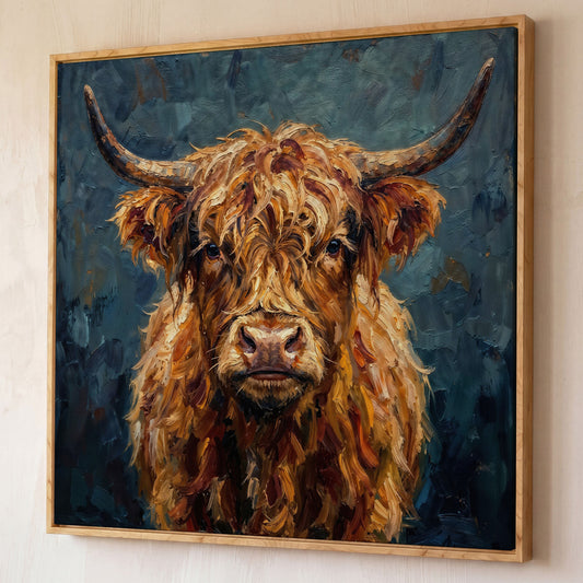Highland Cow Portrait Canvas Art, Close-Up Face and Horns shown in white oak floating frame