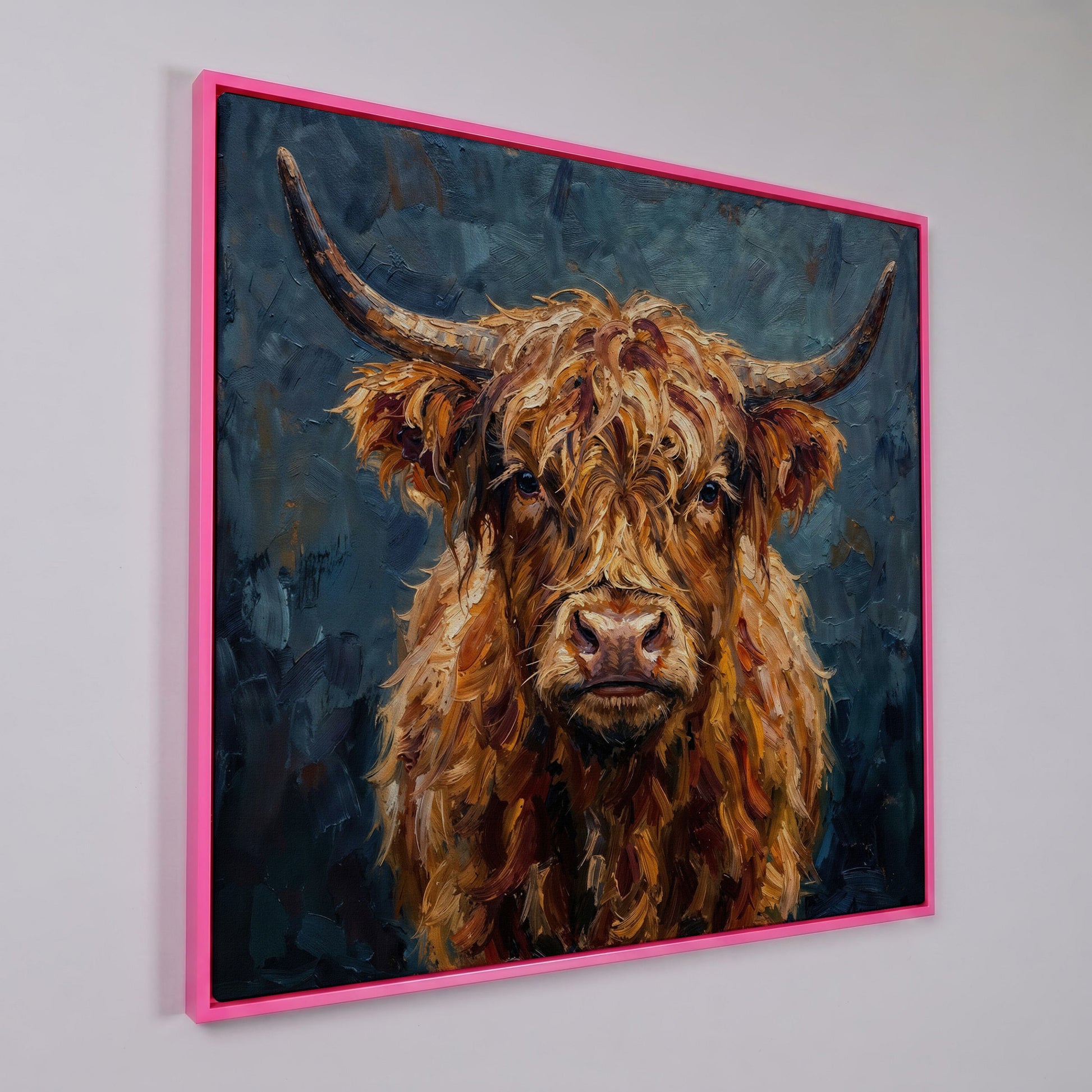 Highland Cow Portrait Canvas Art, Close-Up Face and Horns in pink floating frame