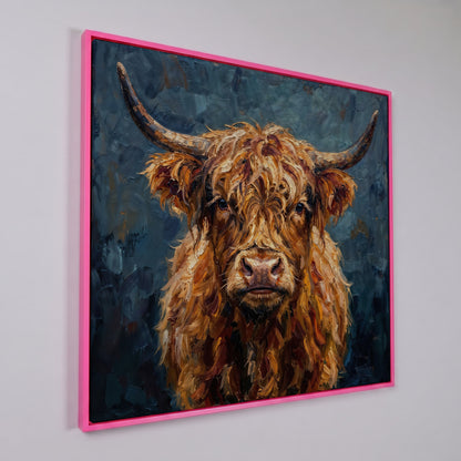 Highland Cow Portrait Canvas Art, Close-Up Face and Horns in pink floating frame