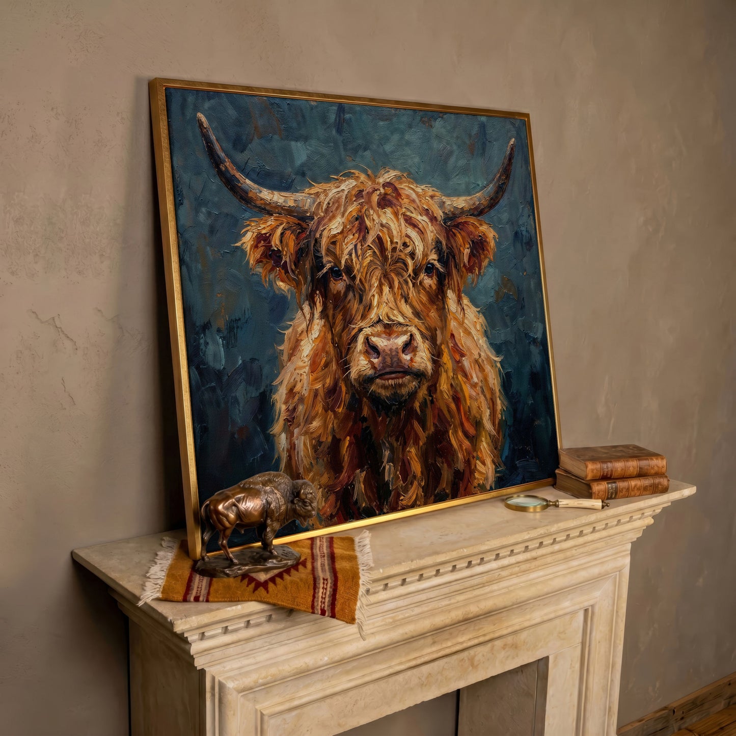 Highland Cow Portrait Canvas Art, Close-Up Face and Horns in rose gold floating frame