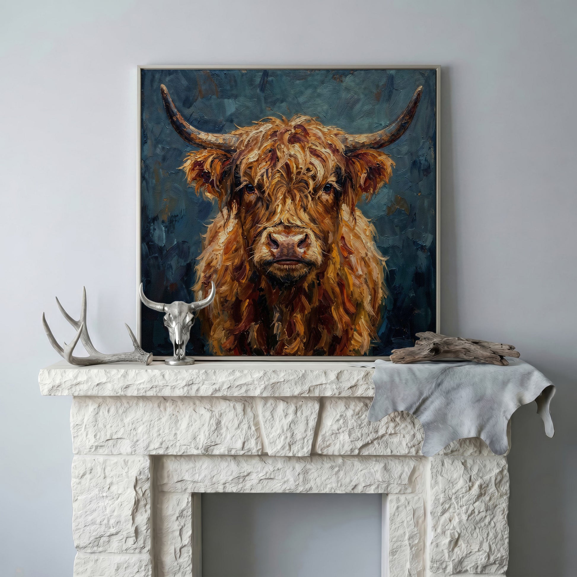 Highland Cow Portrait Canvas Art, Close-Up Face and Horns in silver floating frame